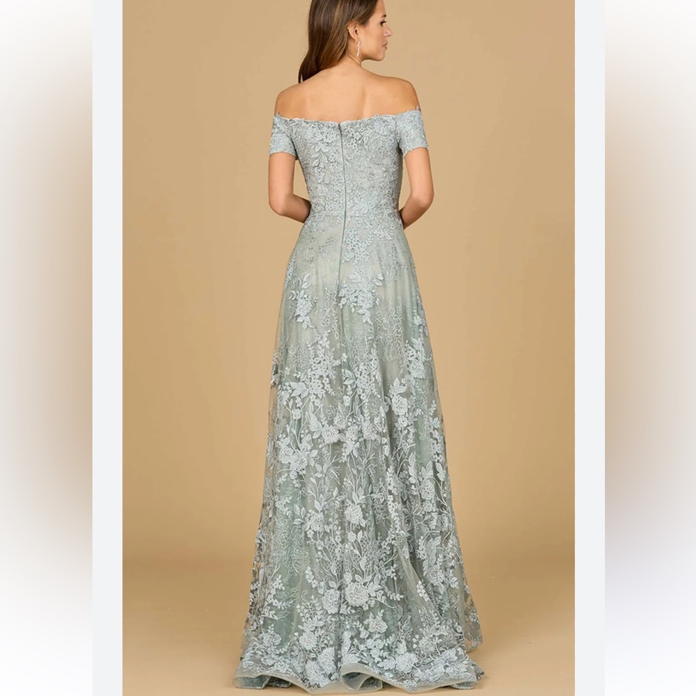 LARA 29122 Silver Sage Off-Shoulder Women’s Lace Embroidered Formal Dress Sz 10 - Picture 2 of 10